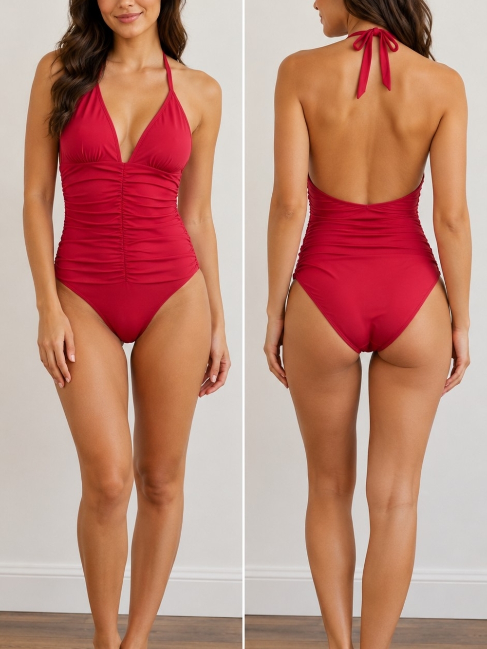 Red Ruched Halter One-Piece Swimsuit